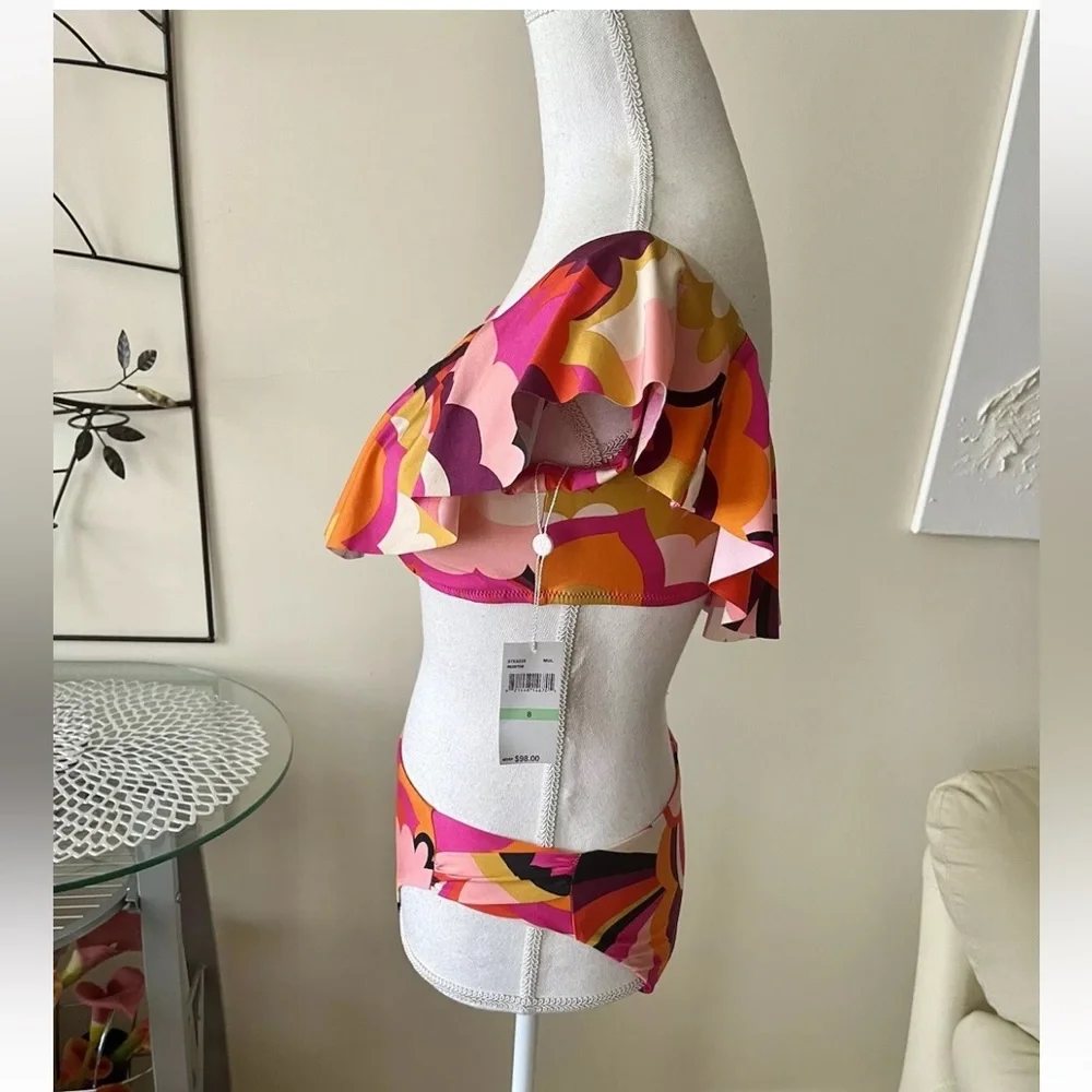 Trina Turk Fan Faire Colorful Ruffle Bandeau Bikini Set Size 8 NWT